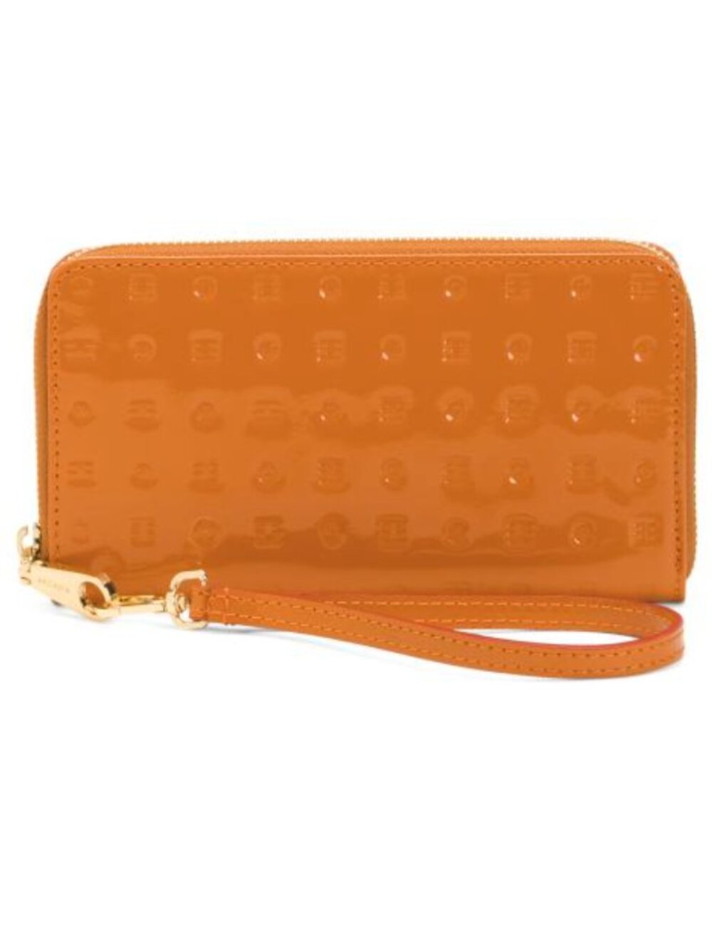 ARCADIA  Italy Patent Leather Zip Around Embossed Wallet Wristlet Orange Tan